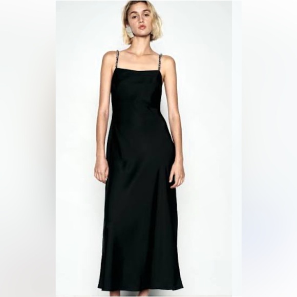 Elegant NWT Zara Satin Slip Black Midi Dress with Beaded Shoulder Straps Size S - Picture 2 of 15
